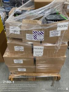 10 Pallets of games adapters, accessories, scrap monitors and packaging materials.